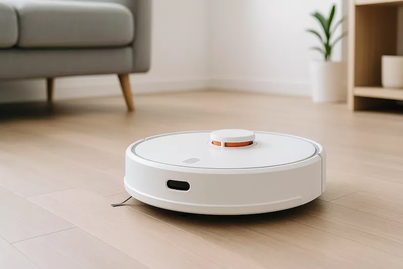 “Robotdammsugare rengör golv i ljust och minimalistiskt hem – symboliserar modern och automatiserad städning med smart teknik för ett rent och organiserat boende”